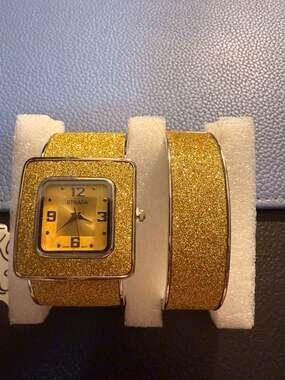 Strada Women's Gold Glitter Stardust Cuff Watch and Matching Bracelet Set